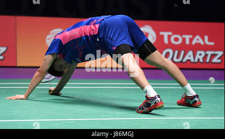 Gold Coast, Australien. 28. Mai 2017. Südkoreas Jeon Hyeok Jin reagiert während der Herren-Einzel-Match gegen Chinas Chen Long beim Finale zwischen China und Südkorea auf insgesamt BWF Sudirman Cup 2017 in Gold Coast, Australien, 28. Mai 2017. Chen Long gewann 2: 0. Bildnachweis: Lui Siu Wai/Xinhua/Alamy Live-Nachrichten Stockfoto