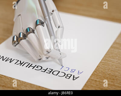 Roboter, Buchstaben auf Blatt Papier Closeup zu reproduzieren versucht. Künstliche Intelligenz und Machine Learning Konzept 3d Illustration Stockfoto