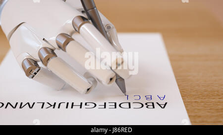 Roboter, Buchstaben auf Blatt Papier Closeup zu reproduzieren versucht. Neuronales Netz lernen Maschinenkonzept 3d Illustration Stockfoto