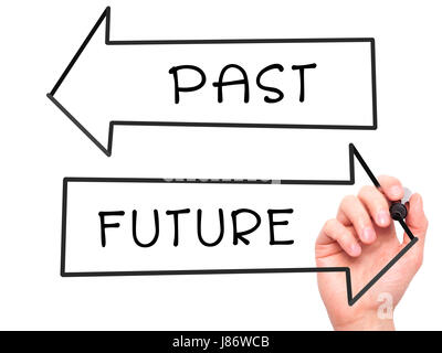 Hand des Mannes Vergangenheit und Zukunft mit Marker auf transparente wischen Board schreiben. Isoliert auf weiss. Business, Internet, Technologie-Konzept. Stock Foto Stockfoto