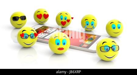 Gruppe von gelben Emoticons und ein Smartphone isoliert auf weißem Hintergrund. 3D illustration Stockfoto