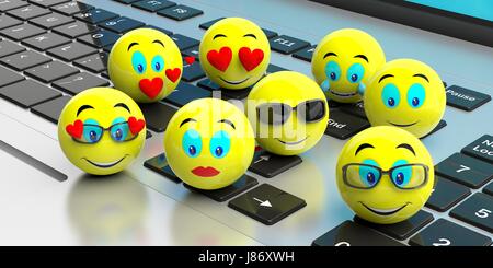 Gruppe von gelben Emoticons auf einem Laptop. 3D illustration Stockfoto