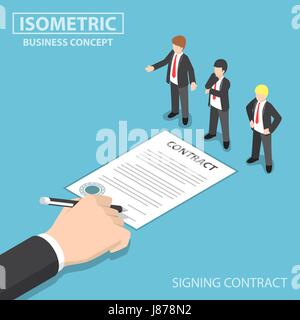 Flache 3d isometrische Geschäftsmann Hand unterzeichnen Vertrag vor CEO, Geschäft zu machen und Beschäftigung-Konzept Stock Vektor