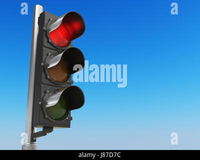Ampel mit roter Farbe auf blauem Himmelshintergrund. Konzept zu stoppen. 3D illustration Stockfoto
