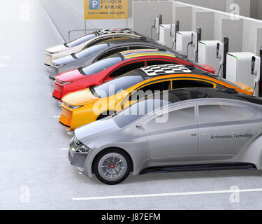 Elektroautos bei EV Ladestation aufladen. Autos-Dach mit bunten Grafik-Design. 3D-Rendering Bild. Stockfoto