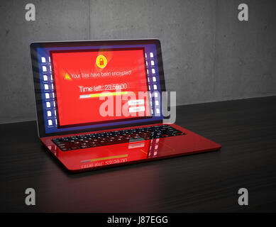 Bildschirm des Laptop Computer zeigt Warnung, dass der Computer durch Ransomware angegriffen wurde. 3D-Rendering Bild. Stockfoto