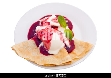 Wüste, Ödland, Creme, Berry, Pfannkuchen, Belag, Krepp, Dessert, Eis, Essen, Stockfoto