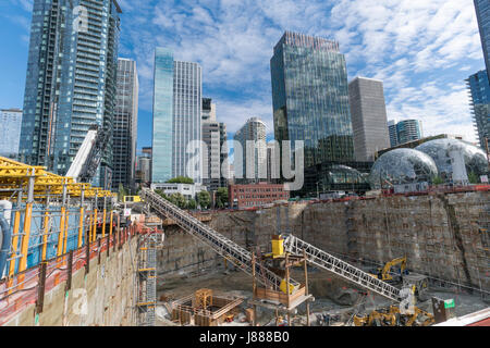 USA, Washington, Seattle, graben den Grundstein für ein neues Hochhaus. Stockfoto