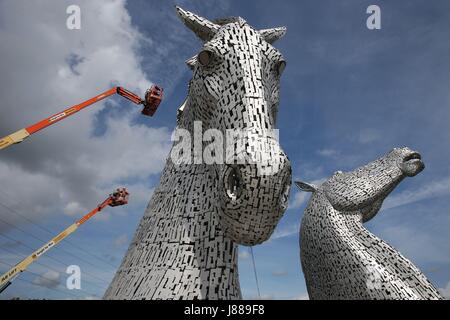 Embargo auf 0001 Montag Mai 29 den ersten Gesundheitscheck auf die Kelpies in Falkirk, erfolgt, sobald er sich ihren dritten Geburtstag. Stockfoto