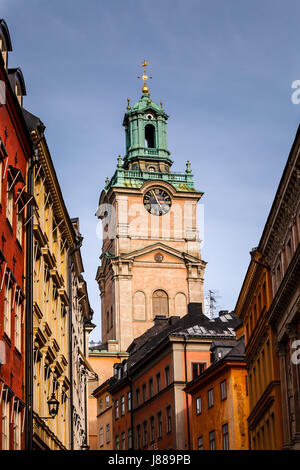 Kathedrale des Heiligen Nikolaus (Storkyrkan) Glockenturm, Stockholm, Schweden Stockfoto