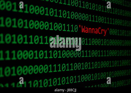 Das WannaCry und Binär-Code, der WannaCrypt und RansomWare, Konzept Sicherheit und Malware angreifen. Stockfoto