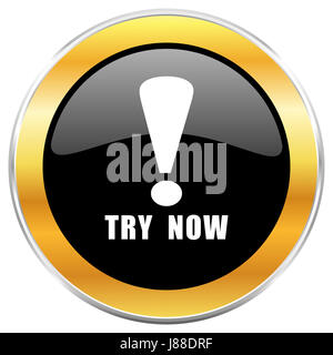 Versuchen Sie jetzt schwarz Web-Symbol mit goldenen Rahmen isoliert auf weißem Hintergrund. Runde glänzende Knopf. Stockfoto