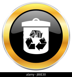 Papierkorb schwarz Web-Symbol mit goldenen Rahmen isoliert auf weißem Hintergrund. Runde glänzende Knopf. Stockfoto