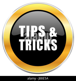 Tipps Tricks schwarz Web-Symbol mit goldenen Rahmen isoliert auf weißem Hintergrund. Runde glänzende Knopf. Stockfoto