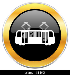 Straßenbahn-schwarzen Web-Symbol mit goldenen Rahmen isoliert auf weißem Hintergrund. Runde glänzende Knopf. Stockfoto