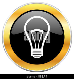 Lampe schwarz Web-Symbol mit goldenen Rahmen isoliert auf weißem Hintergrund. Runde glänzende Knopf. Stockfoto