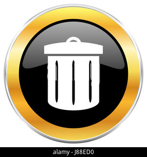 Papierkorb schwarz Web-Symbol mit goldenen Rahmen isoliert auf weißem Hintergrund. Runde glänzende Knopf. Stockfoto
