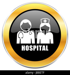 Krankenhaus-schwarzen Web-Symbol mit goldenen Rahmen isoliert auf weißem Hintergrund. Runde glänzende Knopf. Stockfoto