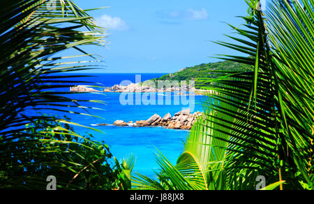 Petite Anse Beach und Strand von Grande Anse, Insel La Digue, Indischer Ozean, Seychellen. Stockfoto