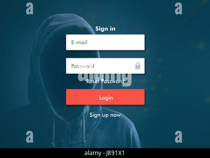 Internet Security Konzept - Hacker auf Hintergrund, Anmeldebildschirm Stockfoto