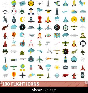 100 Flug Icons set, flach Stil Stock Vektor