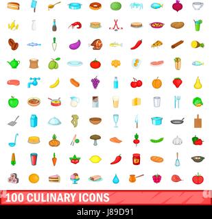 100 kulinarische Icons Set, Cartoon-Stil Stock Vektor