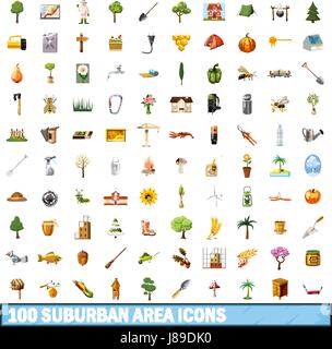 100 Vorstadtbereich Icons set, cartoon-Stil Stock Vektor