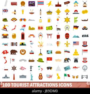 100 touristischen Attraktionen Ikonen gesetzt, flache Stil Stock Vektor