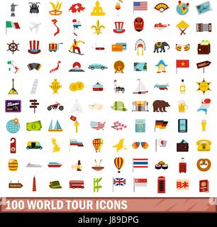 100 Welt Tour Icons set, flach Stil Stock Vektor