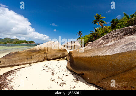 Seychellen, Granit, Salzwasser, Meer, Ozean, Wasser, Strand, Meer, Strand, Stockfoto