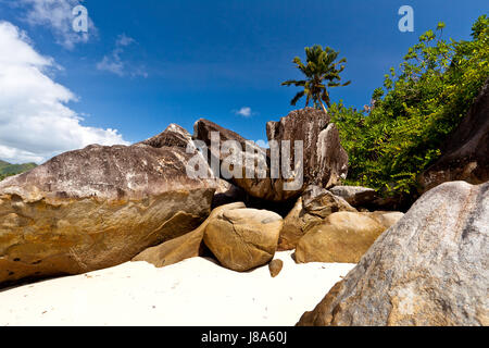 Seychellen, Granit, Salzwasser, Meer, Ozean, Wasser, Strand, Meer, Strand, Stockfoto