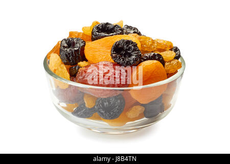 Glasschale getrocknete Früchte-Mix auf weiß Stockfoto