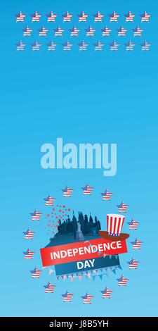 Die Inschrift: Independence Day. New York und der Freiheitsstatue im Hintergrund mit einem Hut. Logo. Vertikale Ausrichtung des Blattes. Stock Vektor