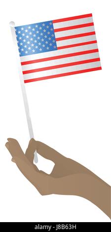 Markieren Sie mit der amerikanischen Flagge in der Hand eines Patrioten. Vertikale Ausrichtung eines Blattes auf einem weißen Hintergrund. Stock Vektor