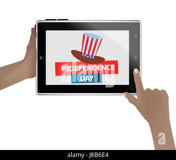 Ein Tabletcomputer in den Händen eines Patrioten auf weißem Hintergrund. Mit der Aufschrift Independence Day und die Farbe Hut Amerika Flagge. Stock Vektor