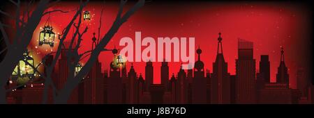 Stadt auf einem rot gestreiften Hintergrund mit einem Baum mit Laternen drauf. Goriontal Ausrichtung des Blattes. Stock Vektor