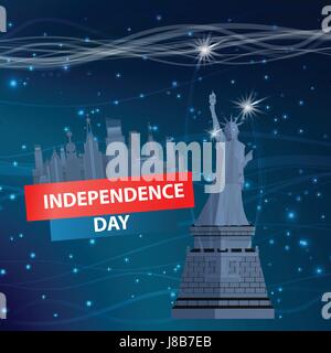 Die Inschrift Unabhängigkeitstag auf blauem Hintergrund mit einem Stern und einer Statue der Freiheit. Stock Vektor