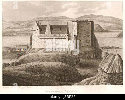 Dunvegan Castle auf der Isle of Skye in Schottland ist eine der ältesten durchgehend bewohnten Burgen Schottlands. Diese Darstellung aus dem Jahr 1790 zeigt ihre historische und architektonische Bedeutung. Stockfoto