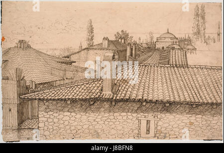 Dieses Foto bietet eine malerische Aussicht von einem Dach in Lorck und zeigt die umliegende Landschaft und die architektonischen Elemente der Gegend. Das Bild hebt den Kontrast zwischen urbanen Strukturen und natürlichen Gegebenheiten hervor. Stockfoto