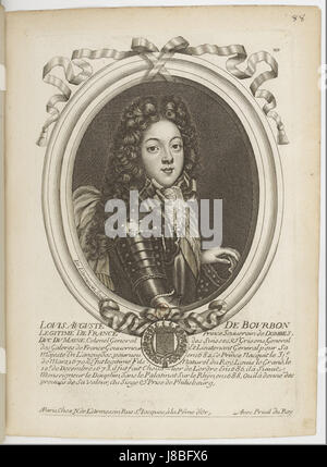 Dieses Kunstwerk mit dem Titel „Estampes“ von Nicolas de Larmessin zeigt Louis Auguste de Bourbon, Duc du Maine, einen französischen Adligen und Sohn von Ludwig XIV. Der Druck veranschaulicht seinen Status und seine wichtige Stellung am französischen Königshof im 17. Jahrhundert. Stockfoto