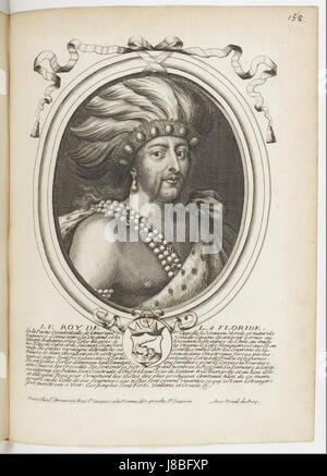 Dieser Druck von Nicolas de Larmessin zeigt „Le ROI de la Floride“ (der König von Florida). Larmessin war für seine komplizierten Stiche bekannt, und dieses Werk ist Teil seiner Serie von künstlerischen Darstellungen französischer Könige und Adel. Stockfoto