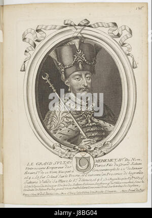 Dieser Druck von Nicolas de Larmessin aus dem Jahr 190 zeigt Mehmed IV., Sultan des Osmanischen Reiches. Es ist Teil einer Sammlung historischer Drucke, die Schlüsselfiguren aus dieser Zeit zeigen. Stockfoto