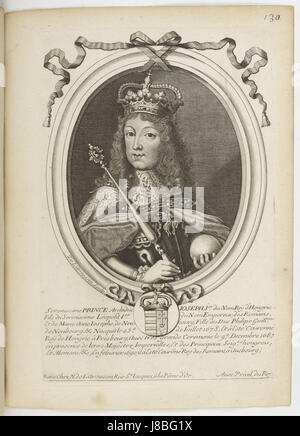 Dieser Stich von Nicolas de Larmessin mit dem Titel „Joseph I., Heiliger römischer Kaiser“ zeigt ein Porträt des Kaisers. Das im 17. Jahrhundert entstandene Werk ist ein Beispiel französischer Gravurkunst, das das Gleichnis des Kaisers mit komplizierten Details einfängt. Stockfoto