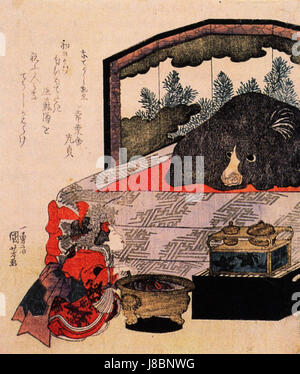 Ein Ukiyo-e-Holzschnitt von Kuniyoshi Utagawa, der eine Kurtisane in Ausbildung darstellt, Teil der japanischen Kunsttradition der Edo-Zeit. Das Bild hebt die traditionelle Kleidung und die für die Zeit typischen Posen hervor. Stockfoto