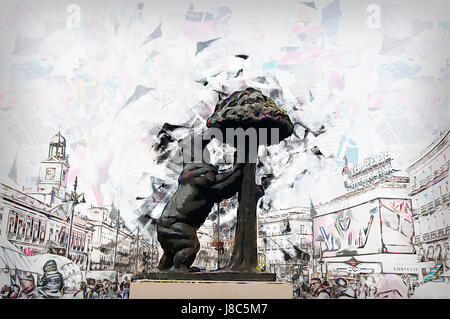 Digital Imagegewinn Bär und Beere Baum Statue fotografiert das Symbol der Stadt Madrid im Puerta del Sol, Madrid, Spanien Stockfoto