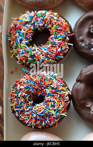 Bunte Streusel über Schokoladen Donuts aus Krispy Kreme Stockfoto