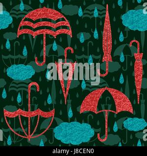 Regenschirme mit Wolken und Regentropfen Vektor Musterdesign Hintergrund 2 Stock Vektor
