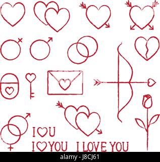 Romantische Liebe Vektor handgezeichnete Kontur-Icons set 1 Stock Vektor
