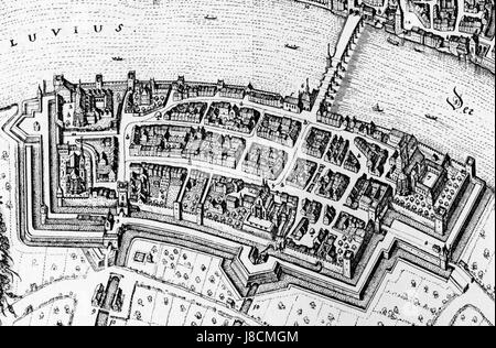 Merianâ Darstellung von Kleinbasel aus dem Jahr 1642 zeigt einen historischen Blick auf den Basler Stadtteil in der Frühen Neuzeit. Die Karte erfasst architektonische und urbane Merkmale der Gegend und bietet einen Einblick in die damalige Entwicklung. Stockfoto