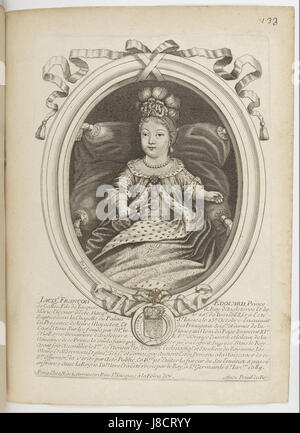 Dieser Druck von Nicolas de Larmessin zeigt Jacques Edouard Stuart, den Prinzen von Wales, in einem detaillierten und fein gearbeiteten Gravur. Das Stück bietet historische Einblicke in die königliche Familie Stuart im 17. Jahrhundert. Stockfoto
